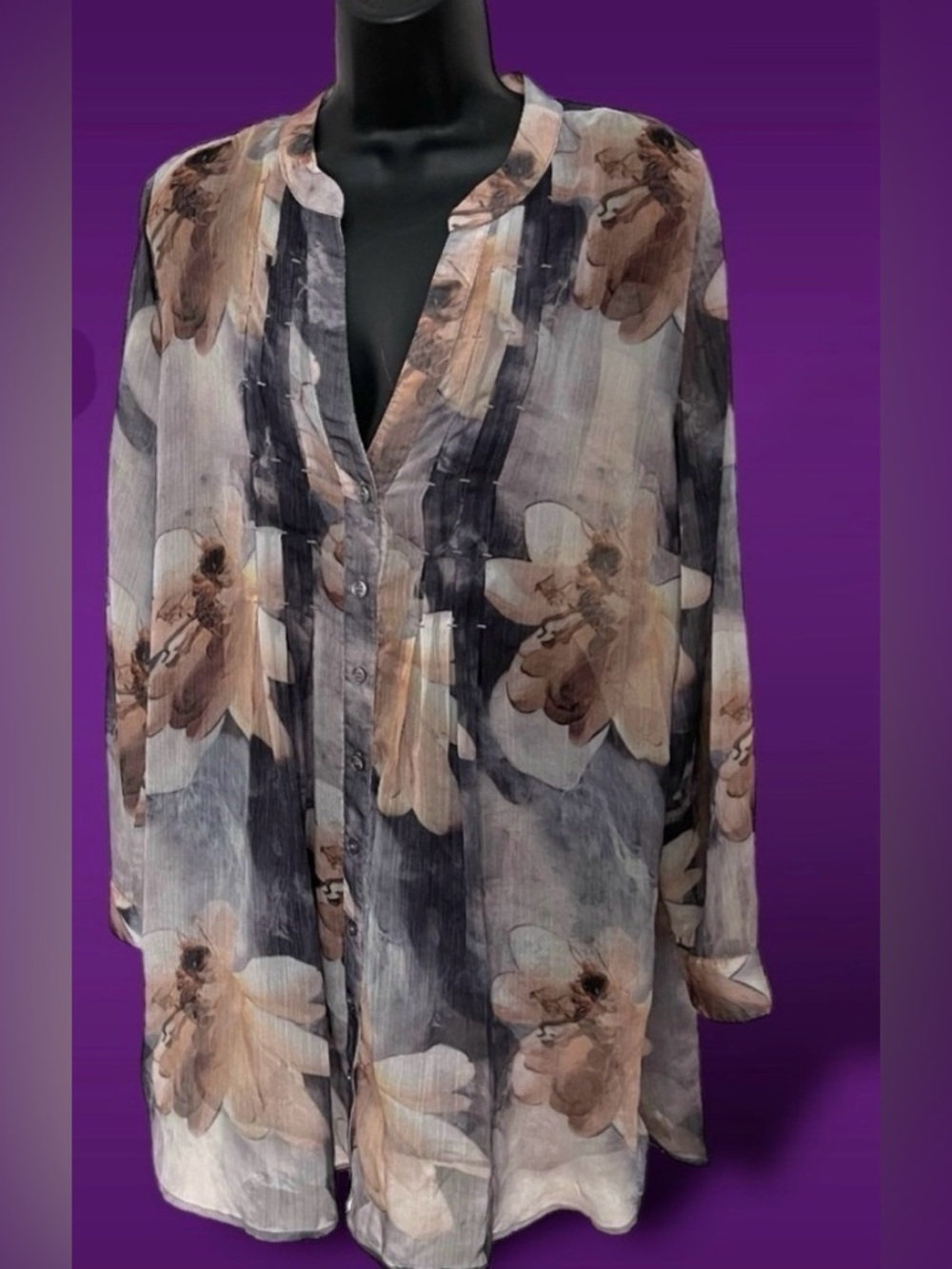 Soft Surrounding Semi Sheer Plum Floral Tunic Blouse Size Large